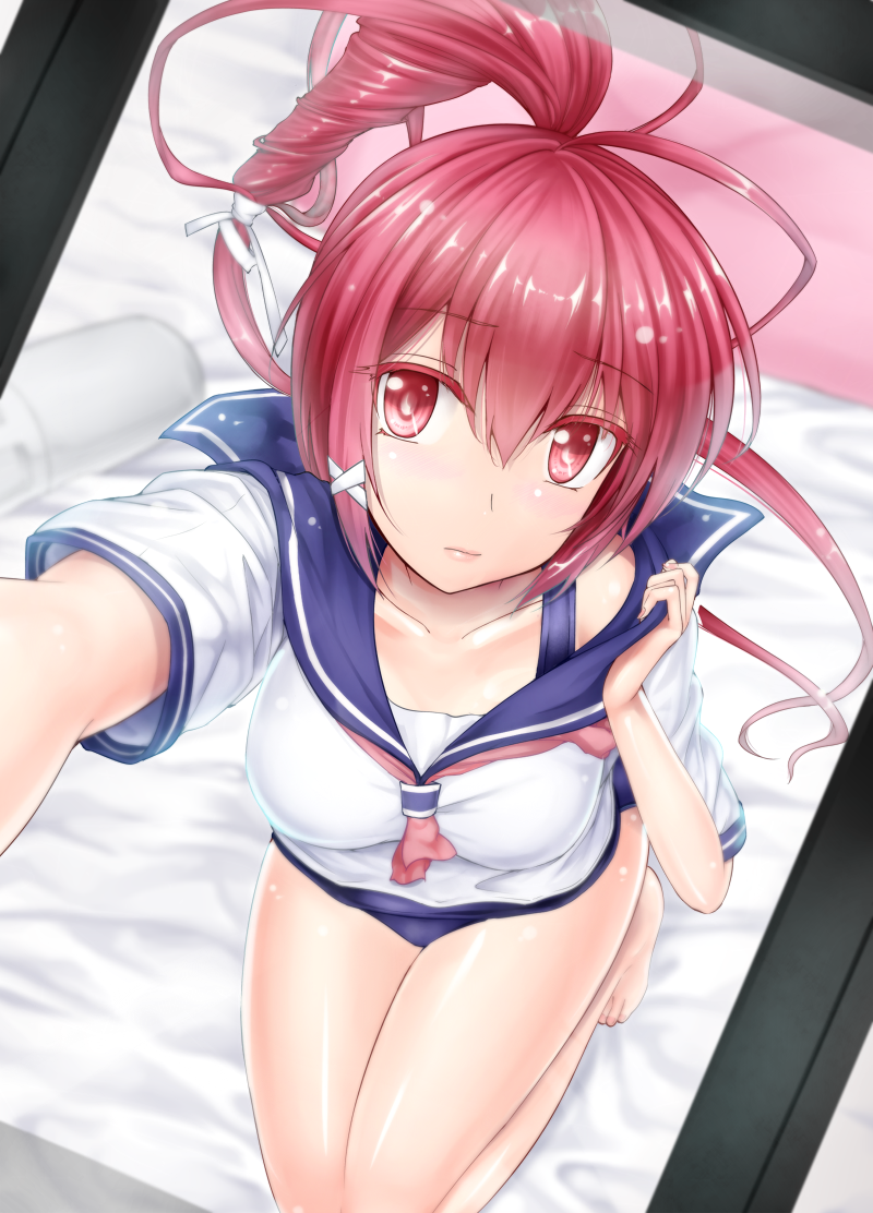 blush hair_ribbon i-168_(kantai_collection) kantai_collection long_hair looking_at_viewer one-piece_swimsuit ponytail red_eyes red_hair ribbon school_swimsuit school_uniform serafuku solo swimsuit swimsuit_under_clothes y2