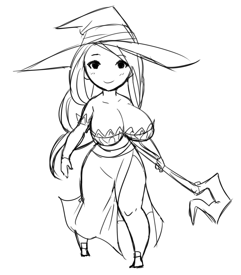 bare_shoulders bravely_default:_flying_fairy bravely_default_(series) breasts cleavage dragon's_crown greyscale hat large_breasts long_hair long_skirt matsu-sensei monochrome parody side_slit sketch skirt smile solo sorceress_(dragon's_crown) staff style_parody witch_hat