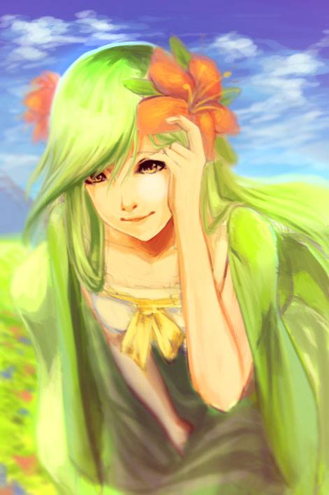 aerlai flower green_hair hair_flower hair_ornament lilligant long_hair personification pokemon pokemon_(game) smile solo
