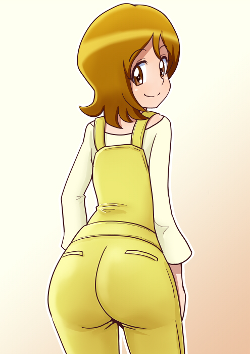 1girl ass bakusai brown_eyes brown_hair female from_behind happinesscharge_precure! looking_back oomori_yuuko overalls precure short_hair smile solo