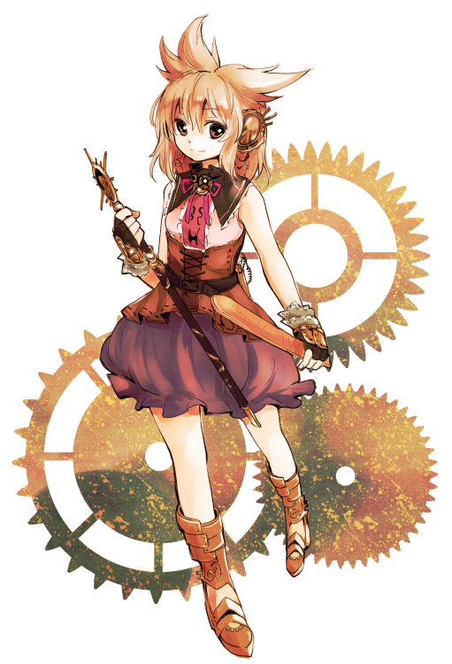 adapted_costume bare_arms belt blonde_hair boots brown_eyes brown_gloves bubble_skirt earmuffs fingerless_gloves full_body gears gloves looking_at_viewer makuwauri ritual_baton shirt skirt sleeveless sleeveless_shirt smile solo sword touhou toyosatomimi_no_miko weapon white_background
