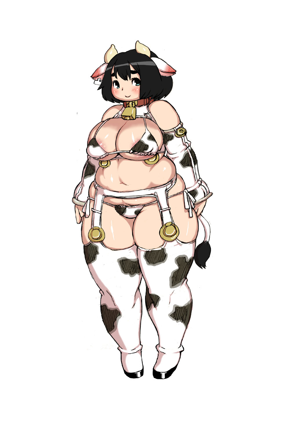 1girl aqua_eyes bell black_hair breasts collar cow_girl cow_print huge_breasts kjmvideo plump