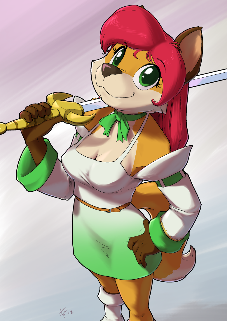 blouse boot bow breasts canine cute doctorkitsune female fox green_eyes hair mammal plain_background red_hair skirt smile solo sword toony weapon