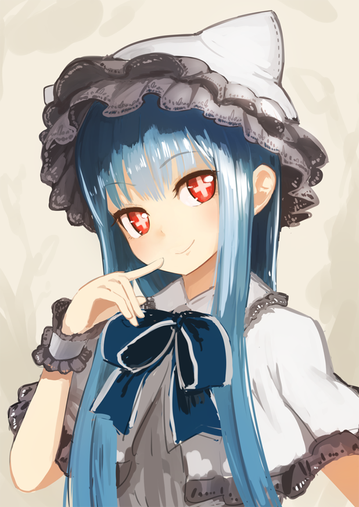 1girl blue_hair blush hat long_hair looking_at_viewer nosuku original red_eyes revision simple_background smile solo upper_body