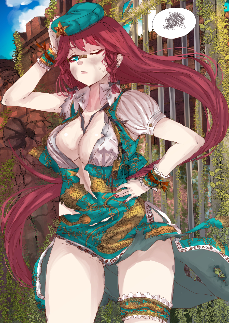 bandaid bandaid_on_nose beret breasts bruise china_dress chinese_clothes cleavage cowboy_shot dragon dress eastern_dragon eyeshadow gate groin hat highres hong_meiling injury large_breasts leg_garter lips long_hair makeup one_eye_closed panzer ribbon solo spoken_squiggle squiggle star thighs torn_clothes touhou wince wrist_cuffs