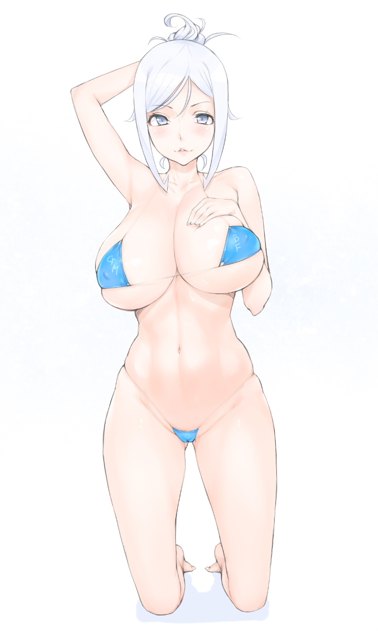 aila_jyrkiainen bikini blue_bikini breasts gundam gundam_build_fighters highres huge_breasts kneeling libre light_smile long_hair looking_at_viewer silver_eyes silver_hair simple_background skindentation solo swimsuit white_background