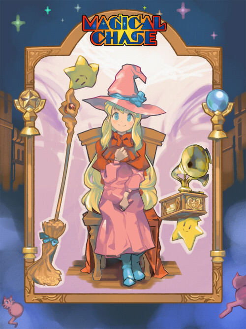 adovo blonde_hair blue_eyes boots broom capelet chair hat magical_chase phonograph ripple_(magical_chase) sitting solo star witch witch_hat