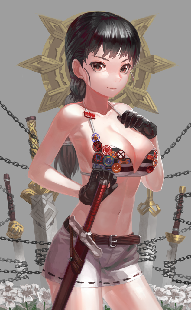 bikini_top black_hair breasts brown_eyes chain cleavage kfr large_breasts long_hair md5_mismatch original smile solo sword weapon