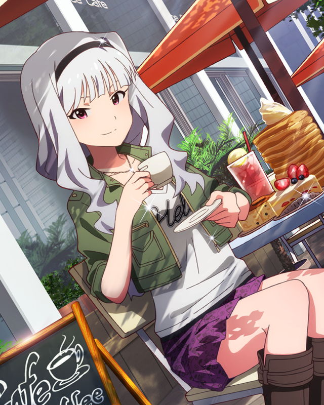 artist_request cake coffee cup dutch_angle food hairband idolmaster idolmaster_(classic) idolmaster_million_live! jewelry light_smile long_hair necklace official_art pancake pink_eyes shijou_takane silver_hair solo stack_of_pancakes teacup wavy_hair