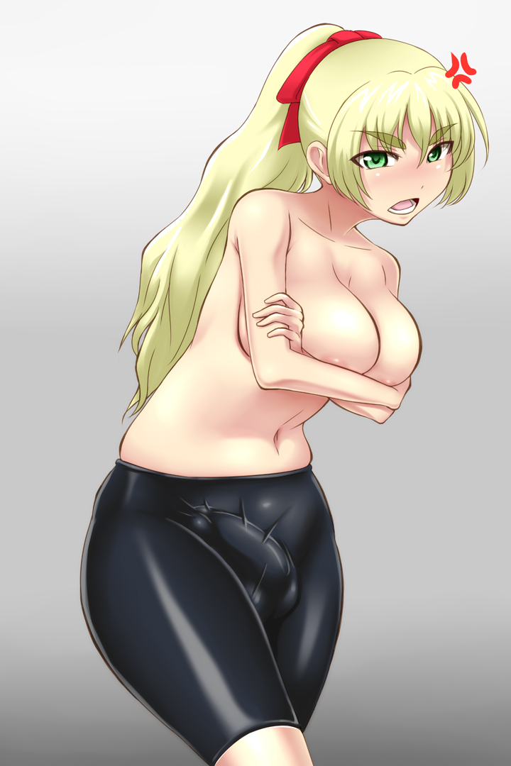 1girl angry areola_slip areolae bike_shorts blonde_hair blush bow breasts bulge covering covering_breasts futanari green_eyes hair_bow large_breasts large_breats long_hair open_mouth penis ponytail simple_background skin_tight solo tontoro8 topless