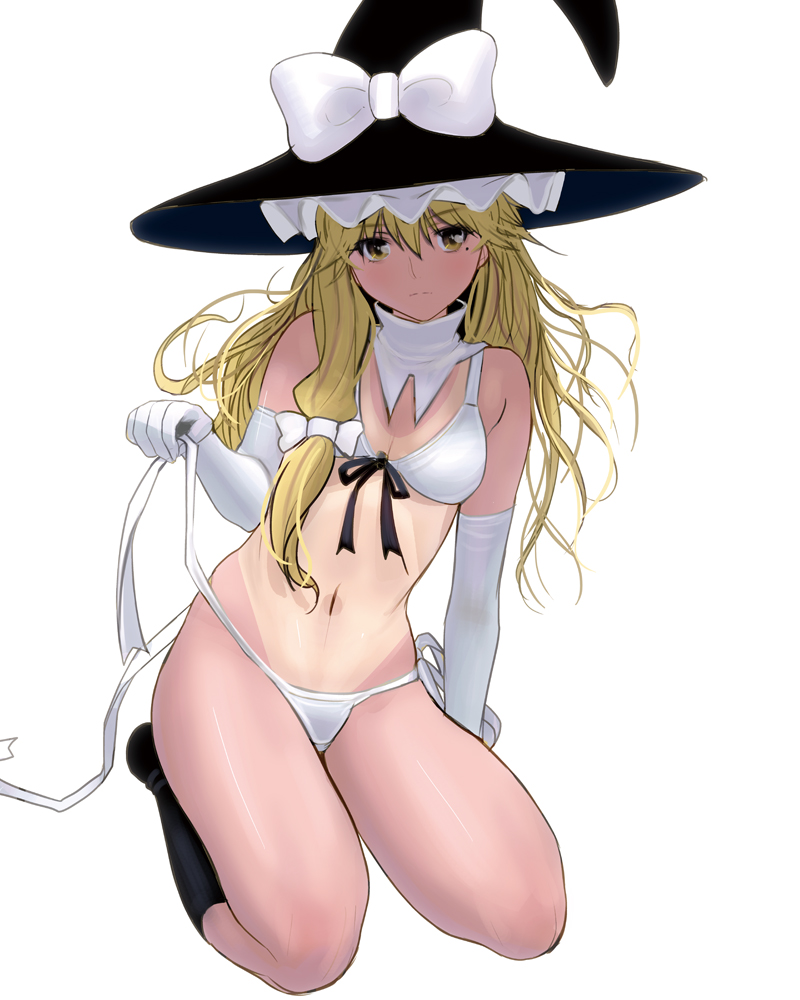 alternate_costume arm_support bikini bikini_tan black_legwear blonde_hair breasts detached_collar elbow_gloves front-tie_top full_body gloves hat kirisame_marisa long_hair looking_at_viewer masao messy_hair mole mole_under_eye navel seiza shiny shiny_skin side-tie_bikini simple_background sitting small_breasts solo swimsuit tan tanline touhou untied white_background white_bikini white_gloves witch_hat yellow_eyes