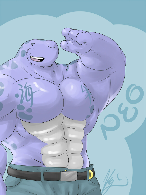 abs anthro belt biceps big_muscles blue_background blue_skin clothing flammars flexing grey_skin grin halbert_eden_neo huge_muscles male muscles neo open_mouth pants pecs plain_background pose purple_skin scales shorts smile solo standing teeth toned tongue topless