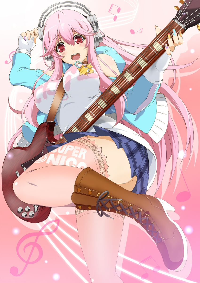 between_breasts blush boots breasts electric_guitar guitar headphones highres instrument jumping large_breasts long_hair miyabi_(miura105) multicolored multicolored_nails nail_polish nitroplus pink_eyes pink_hair smile solo super_sonico thighhighs treble_clef