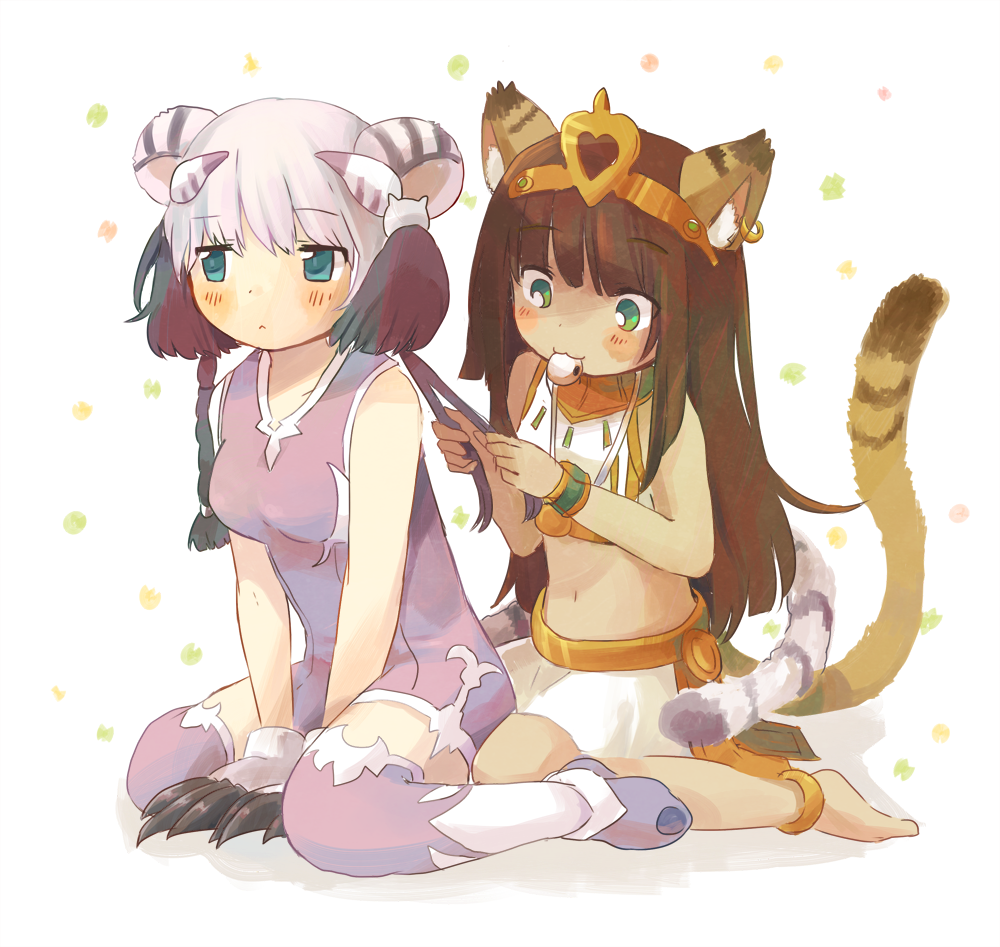 :&lt; :3 animal_ears anklet barefoot bastet_(p&amp;d) blush braiding_hair brown_hair cat_ears cat_hair_ornament cat_tail chinese_clothes claws dark_skin earrings eating egyptian_clothes food foomi green_eyes hair_ornament hairdressing haku_(p&amp;d) jewelry midriff mouth_hold multiple_girls navel paws puzzle_&amp;_dragons sitting skirt tail thighhighs tiger_tail wariza white_hair zettai_ryouiki