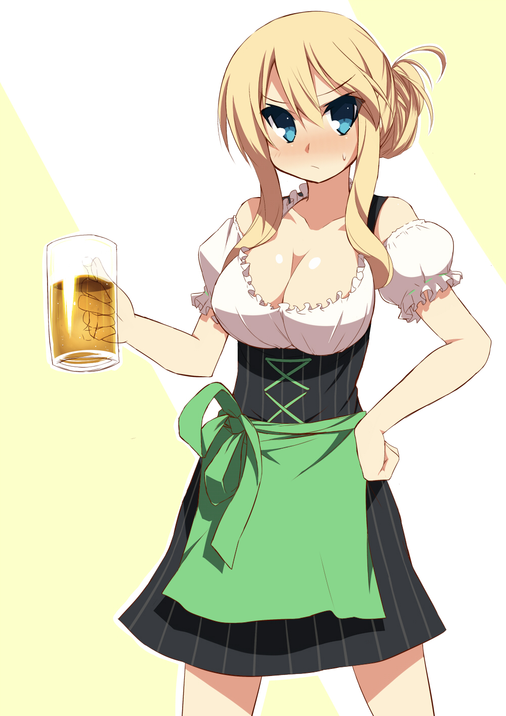 alcohol alternate_costume alternate_hairstyle apron beer beer_mug bismarck_(kantai_collection) blonde_hair blue_eyes blush breasts cleavage cup detached_sleeves dirndl german_clothes green_apron highres holding holding_cup hoppege kantai_collection large_breasts long_hair looking_at_viewer no_hat no_headwear solo underbust waist_apron