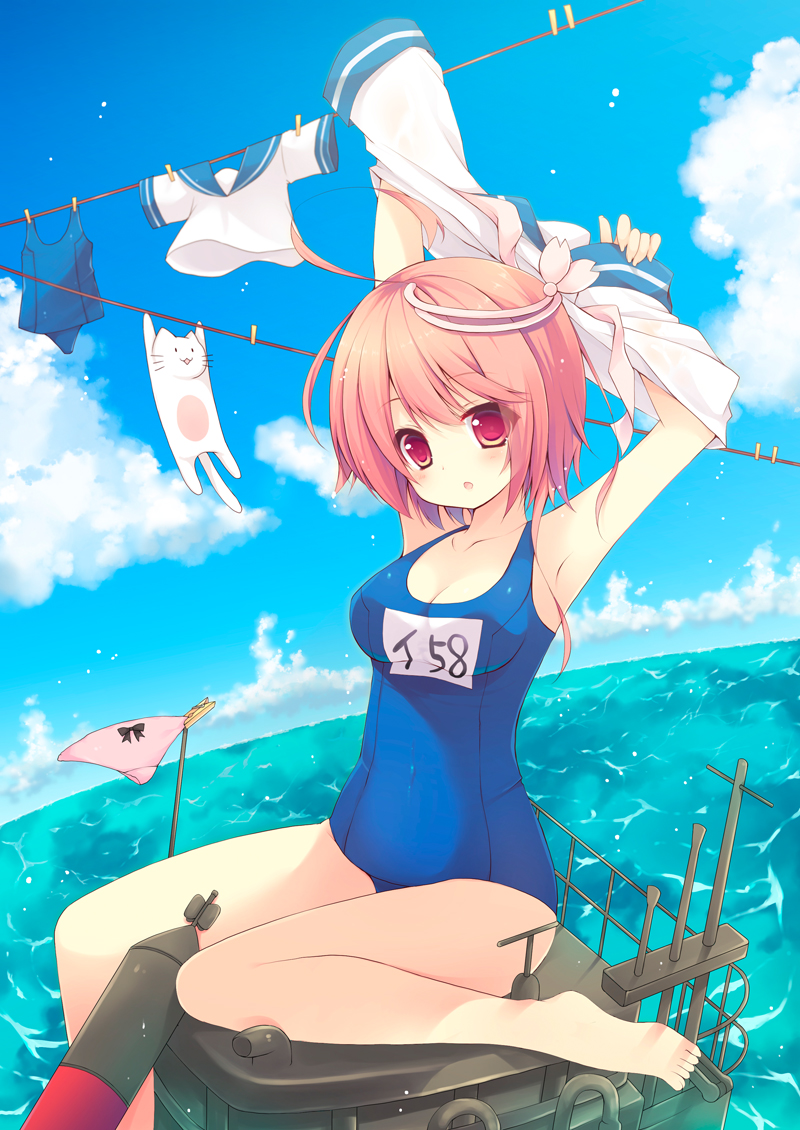 :o ahoge armpits arms_up barefoot blush bow bow_panties breasts cat cleavage cloud day i-58_(kantai_collection) izumiyuhina kantai_collection looking_at_viewer medium_breasts one-piece_swimsuit panties panties_removed pink_hair pink_panties red_eyes school_swimsuit school_uniform serafuku short_hair sitting sky solo swimsuit torpedo underwear water