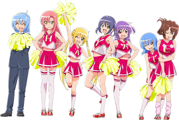 1boy 6+girls 6girls ayasaki_hayate blonde_hair blue_eyes blue_hair breasts brown_hair cheerleader collarbone green_eyes hayate_no_gotoku! katsura_hinagiku long_hair lowres maria maria_(hayate_no_gotoku!) multiple_girls nishizawa_ayumu purple_hair red_eyes sanzen'in_nagi sanzen'in_nagi segawa_izumi socks suirenji_ruka twintails yellow_eyes