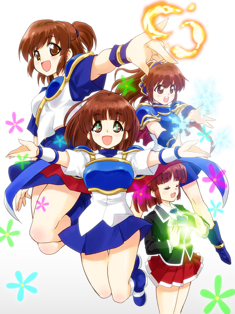 :o arle_nadja armor armored_dress blazer blue_skirt brown_eyes brown_hair cape closed_eyes fire half_updo jacket jumping madou_monogatari magic multiple_girls multiple_persona necktie outstretched_arms puyopuyo red_skirt school_uniform shirt shoes short_hair skirt smile spread_arms symbol-shaped_pupils tessai white_background wrist_cuffs