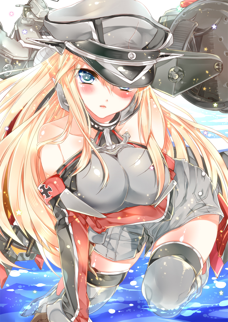 anchor armband bad_id bad_pixiv_id bare_shoulders bariko bismarck_(kantai_collection) blonde_hair blue_eyes blush breasts cannon collarbone cross grey_legwear hat kantai_collection large_breasts long_hair military_hat ocean solo star thighhighs turret weapon