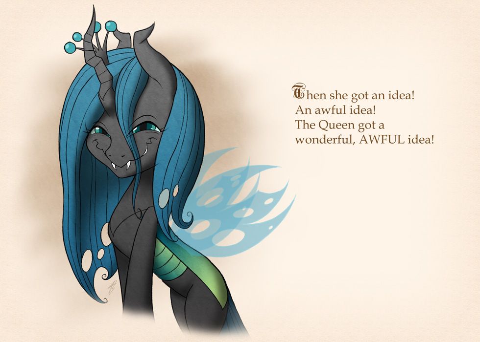 changeling equine fangs female friendship_is_magic green_eyes green_hair grinch hair horn horse jdan-s long_hair looking_at_viewer mammal my_little_pony parody queen_chrysalis_(mlp) simple_background smile text the_grinch wings