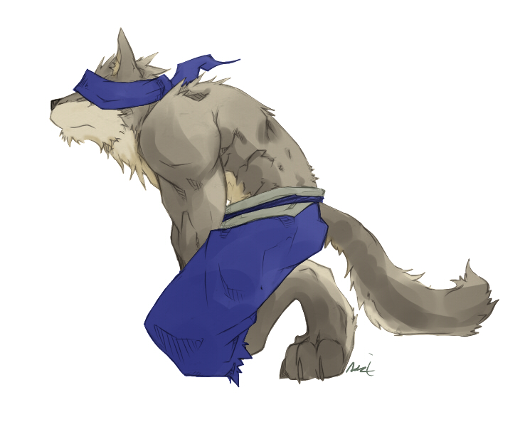 &#12402;&#12414;&#12381;&#12425; ???? anthro belt biceps black_nose blindfold canine claws clothing fur grey_fur kneeling male mammal muscles on_kness pants plain_background pose solo toe_claws topless white_background wolf