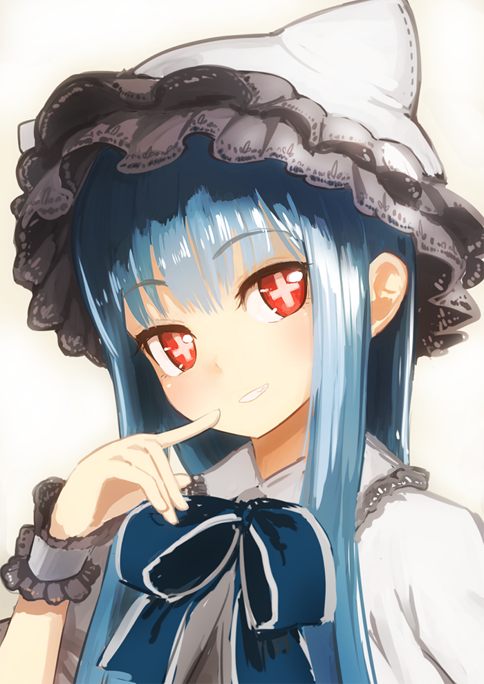1girl bad_id bad_pixiv_id blue_hair blush hat long_hair looking_at_viewer nosuku original red_eyes simple_background smile solo upper_body white_background