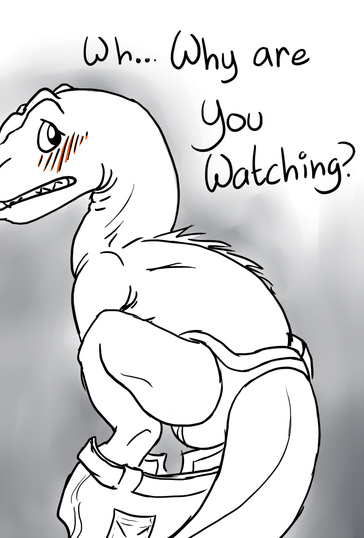 blush bulge dinosaur embarrassed english_text feral looking_back male raptor scalie solo text thick_tail underwear undressing voyeur