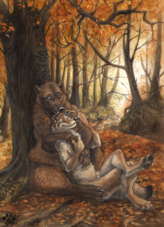 autumn bear blotch blue_eyes brown_fur canine claws couple coyote cuddling cute detailed_background digitigrade duo embrace eye_contact fall forest fur gay hand_on_chest hindpaw leaves love male mammal necklace nude pawpads paws penis reclining romantic sheath sitting size_difference tan_fur toe_claws tree white_fur