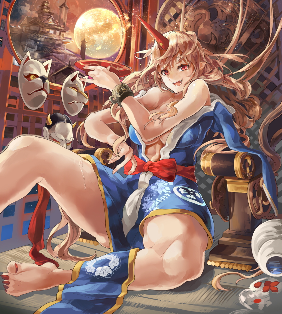 architecture bare_arms bare_shoulders barefoot blonde_hair blue_dress breasts castle chair cuffs cup dress east_asian_architecture face_mask fangs fox_mask full_moon himuro_(dobu_no_hotori) horn hoshiguma_yuugi hoshiguma_yuugi_(promo) large_breasts long_toenails looking_at_viewer mask moon night off_shoulder open_clothes open_dress pointy_ears red_eyes sakazuki shackles sitting sky solo spilling toenail_polish toenails touhou window