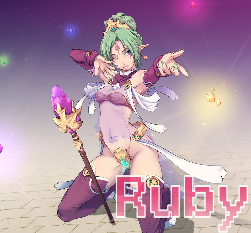 character_name crotch_plate earrings green_hair jewelry one_eye_closed painpa panel_de_pon pointy_ears ruby_(panel_de_pon) solo thighhighs