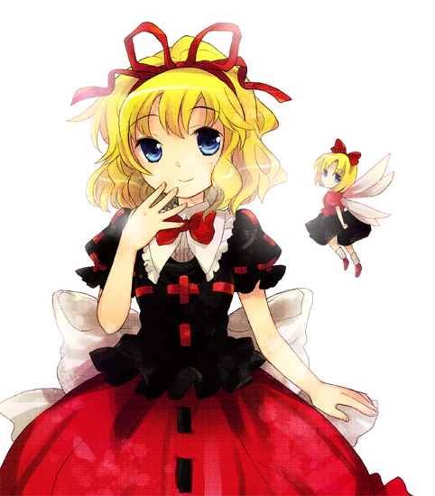 black_ribbon black_shirt blonde_hair blue_eyes bow bowtie closed_mouth doll dress eyebrows_visible_through_hair fairy_wings frilled_shirt_collar frills hair_ribbon hand_to_own_mouth large_bow looking_at_viewer medicine_melancholy puffy_short_sleeves puffy_sleeves red_ribbon red_skirt ribbon ribbon-trimmed_clothes ribbon-trimmed_shirt ribbon-trimmed_skirt ribbon_trim sash shirt short_hair short_sleeves simple_background skirt smile solo su-san tachitsu_teto touhou white_background white_collar wings