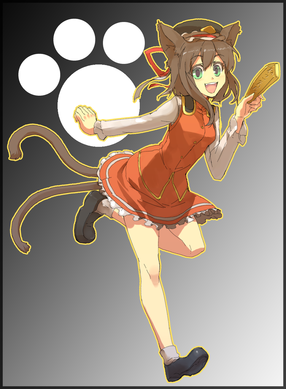 animal_ears brown_hair cat_ears cat_tail chen green_eyes hat highres if_they_mated kusanagi_kaoru multiple_tails paw_print rod_of_remorse shiki_eiki short_hair solo tail touhou windowboxed