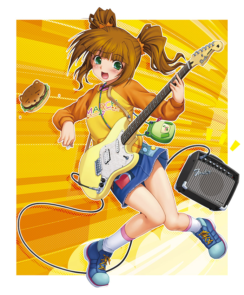 amplifier bag brown_hair clothes_writing denim denim_skirt food green_eyes guitar hamburger handbag idolmaster idolmaster_(classic) idolmaster_sp instrument kazuma_muramasa raglan_sleeves short_hair skirt solo takatsuki_yayoi twintails