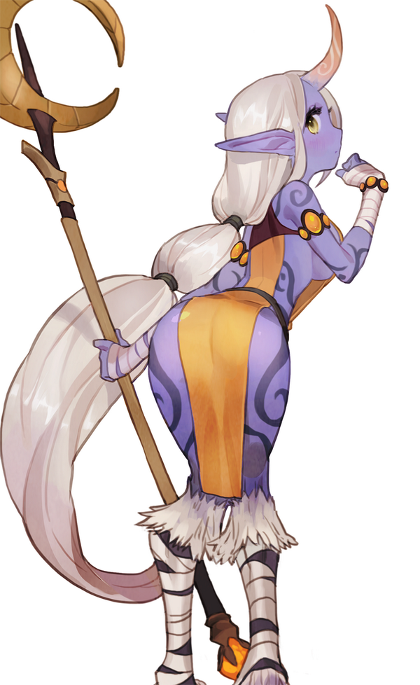 ass bent_over blue_skin blush breasts dress gwayo horn jewelry large_breasts league_of_legends long_hair looking_back naked_tabard pointy_ears purple_skin sideboob silver_hair solo soraka staff standing tabard tattoo very_long_hair white_background white_hair yellow_dress yellow_eyes