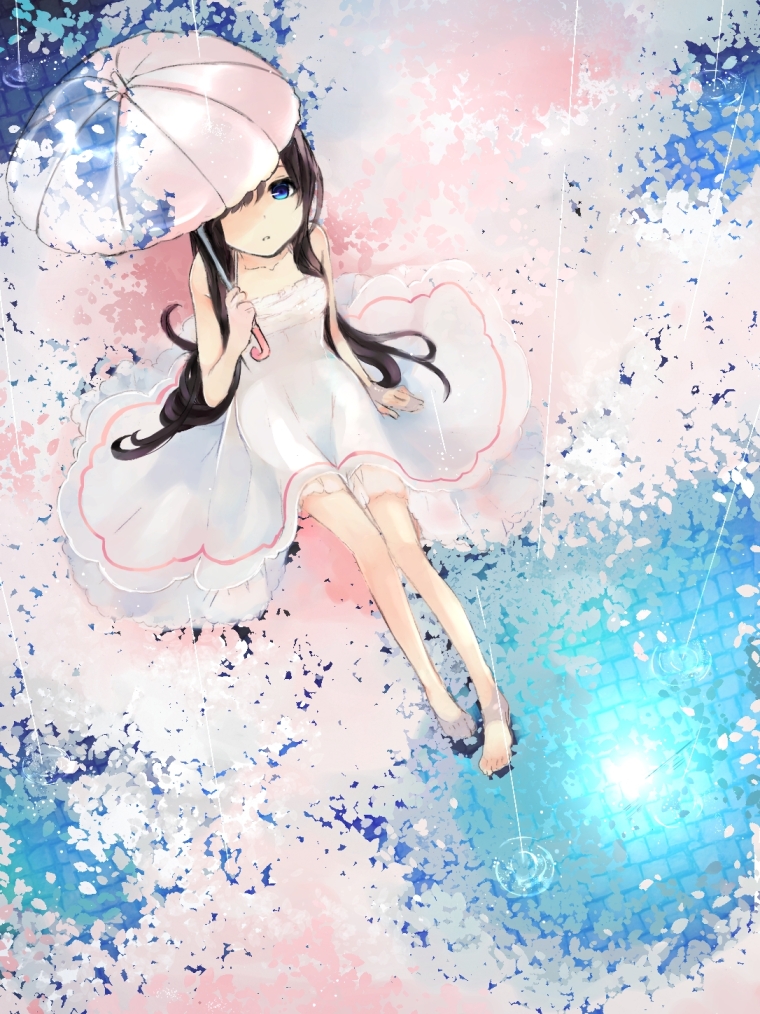 ao_no_neko bare_legs barefoot black_hair blue_eyes cherry_blossoms dress from_above long_hair looking_up original parasol partially_submerged petals rain sitting solo umbrella very_long_hair water