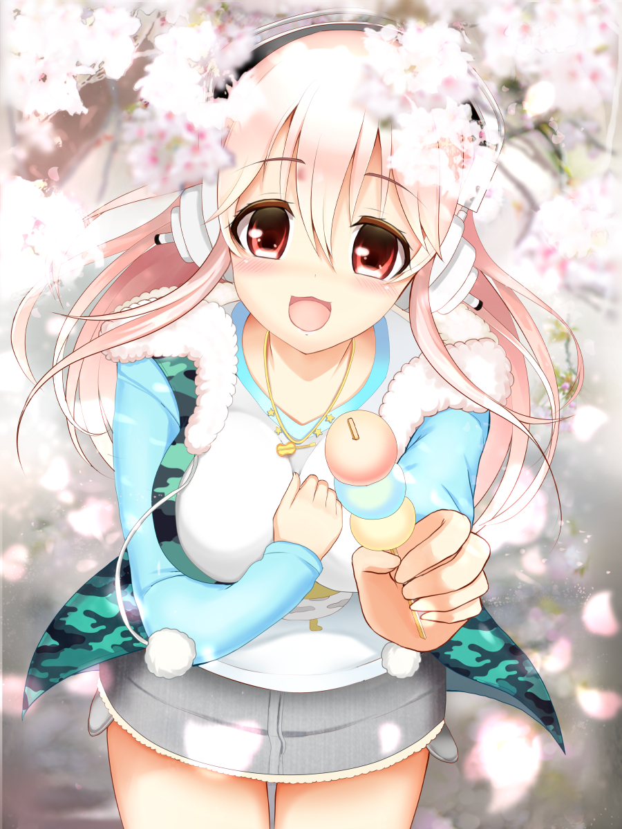:3 :d bad_id bad_pixiv_id blush breasts cherry_blossoms dango food giving hand_on_own_chest headphones highres large_breasts long_hair looking_at_viewer nitroplus open_mouth pink_hair razuchi red_eyes smile solo super_sonico wagashi