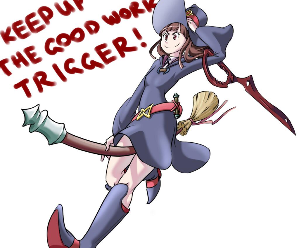1girl akko_kagari bailing_baker boots broom broom_riding brown_hair company_connection crossover dress hat kill_la_kill knee_boots little_witch_academia long_hair scissor_blade smile solo trigger_(company) witch witch_hat