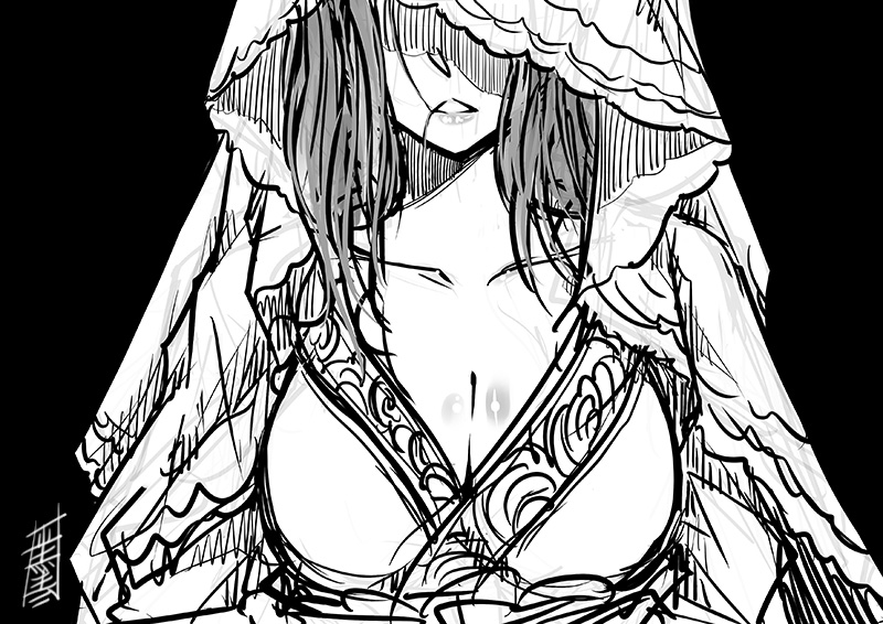 antaria black_background breasts cleavage collarbone greyscale large_breasts lips long_hair monochrome parted_lips signature sketch solo upper_body