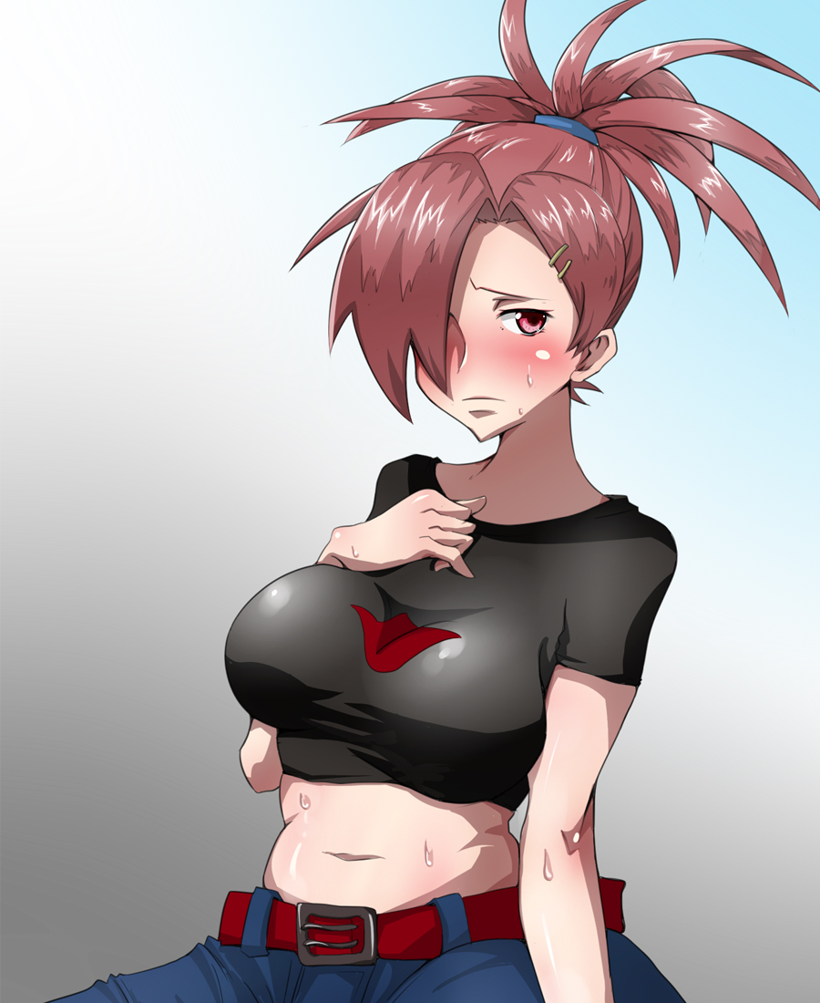 asuna_(pokemon) belly belt blush breasts brown_hair crop_top denim full-face_blush gym_leader hair_ornament hair_over_one_eye hairclip jeans large_breasts long_hair looking_at_viewer midriff navel pants pokemon pokemon_(game) pokemon_rse ponytail red_eyes scrunchie shiny shiny_skin shirt solo sweatdrop taut_clothes taut_shirt terui