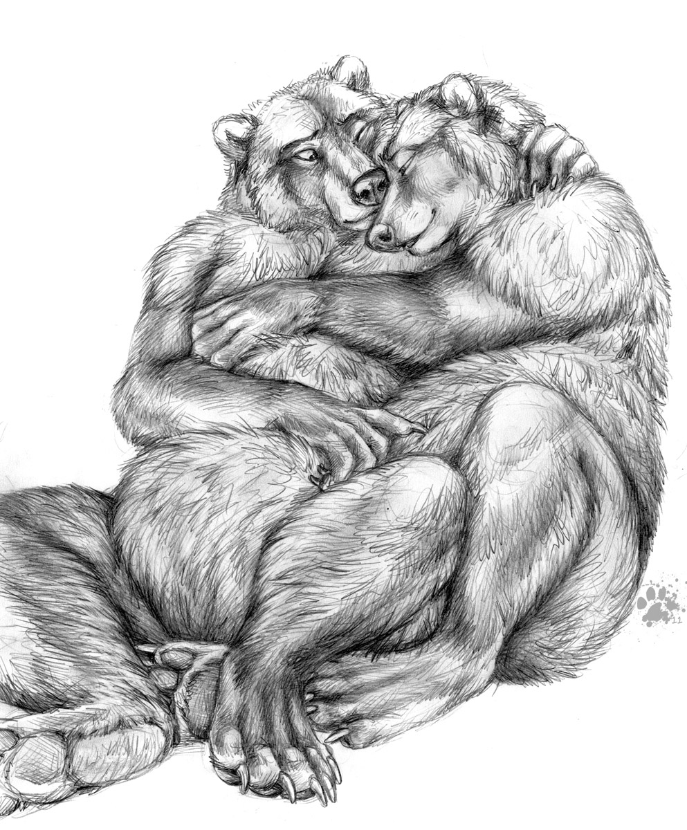 2011 ambiguous_gender bear blotch chubby claws couple cute duo greyscale hand_on_chest hindpaw hug mammal monochrome one_eye_closed pawpads paws plain_background simple_background sitting sketch white_background