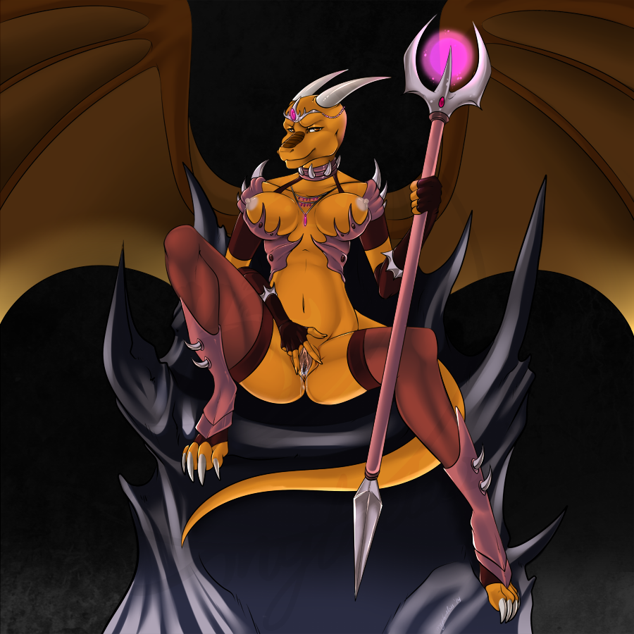 anthro breasts demon dragon dripping female hybrid myloveless nipples polearm pussy solo staff tiara wet wings