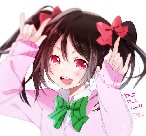 :d \m/ black_hair bow cardigan double_\m/ hair_bow looking_at_viewer love_live! love_live!_school_idol_project lowres nico_nico_nii open_mouth otonokizaka_school_uniform red_eyes school_uniform smile solo twintails yazawa_nico yukiko_(tesseract)