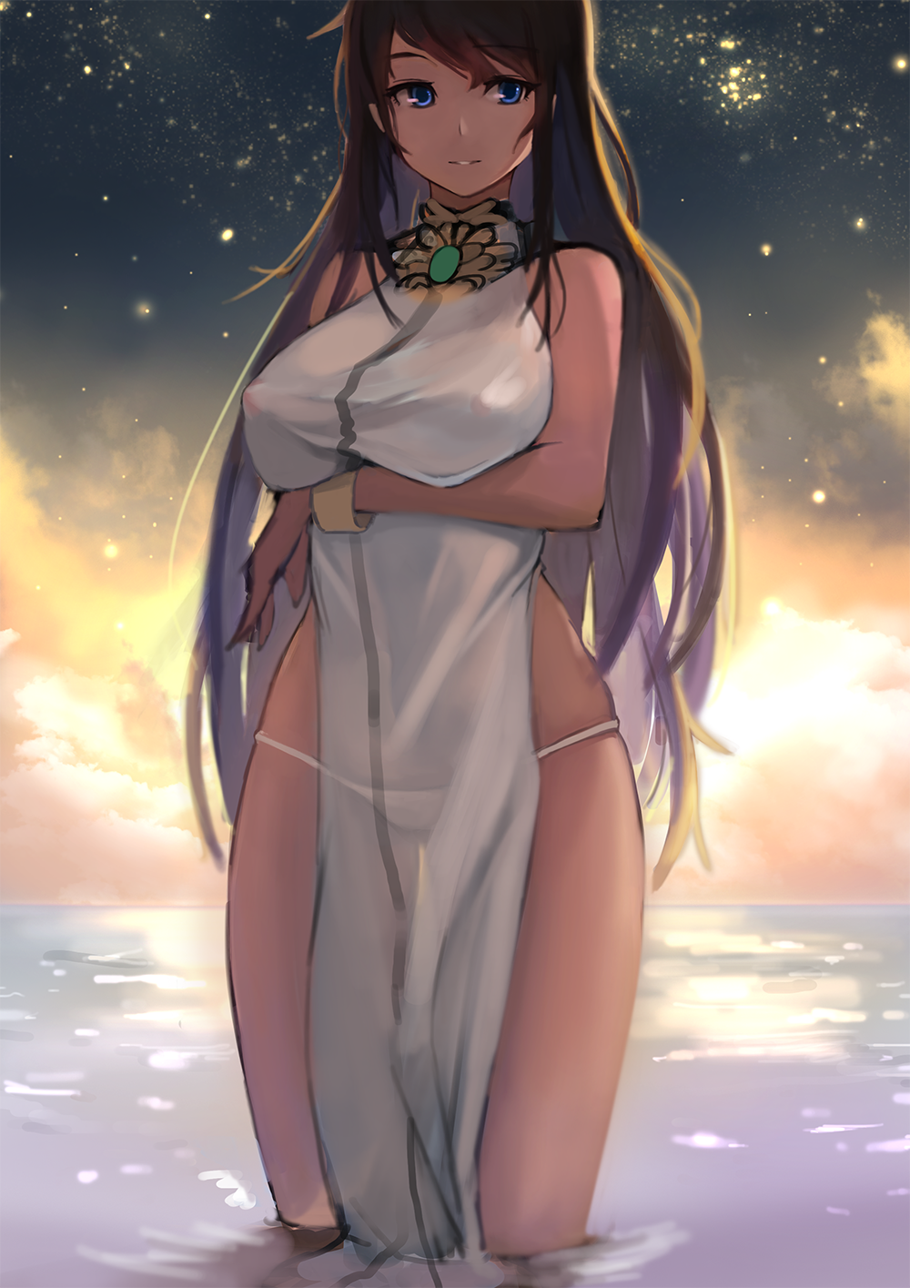 black_hair blue_eyes breast_hold breasts covered_nipples deneb_(noble324) highres horizon large_breasts long_hair lowleg lowleg_panties nipples ocean original panties parted_lips see-through sky smile solo underwear wading water wet wet_clothes white_panties