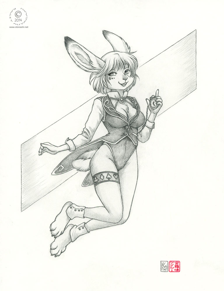 alice_in_wonderland bow_tie breasts claws cleavage clock clothed clothing female kacey lagomorph looking_at_viewer mammal monochrome pocket_watch rabbit skimpy solo spats stopwatch toe_claws vest white_rabbit