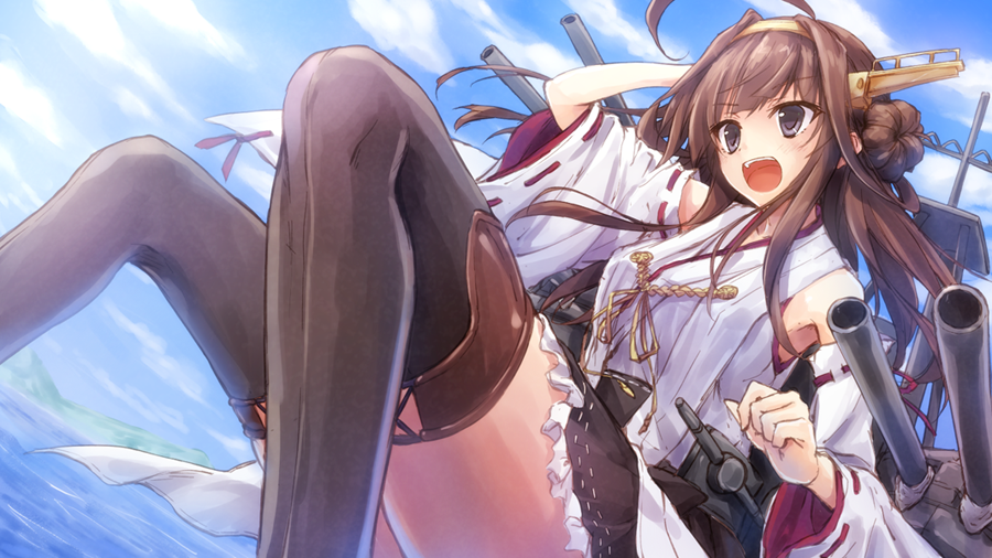 ahoge bare_shoulders black_legwear blue_sky blush boots breasts brown_hair cannon cloud day detached_sleeves double_bun hair_ornament hairband headgear japanese_clothes kantai_collection kongou_(kantai_collection) long_hair medium_breasts nontraditional_miko open_mouth purple_eyes ribbon-trimmed_sleeves ribbon_trim sitting skirt sky smile solo suien thigh_boots thighhighs turret water