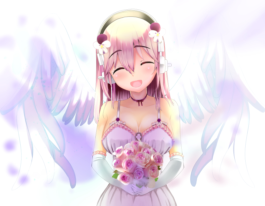 angel_wings bad_id bad_pixiv_id blush bouquet breasts cleavage closed_eyes flower headphones large_breasts long_hair looking_at_viewer nitroplus open_mouth pink_hair razuchi smile solo super_sonico wings