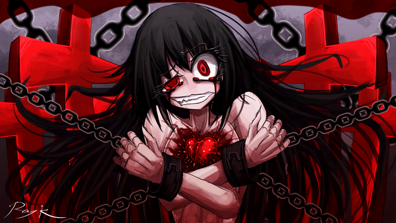 1girl animated animated_gif artist_name black_hair black_sclera chains cross crying cuffs female grin heart heterochromia nude original ray-k red_eyes shackles smile solo tears teeth