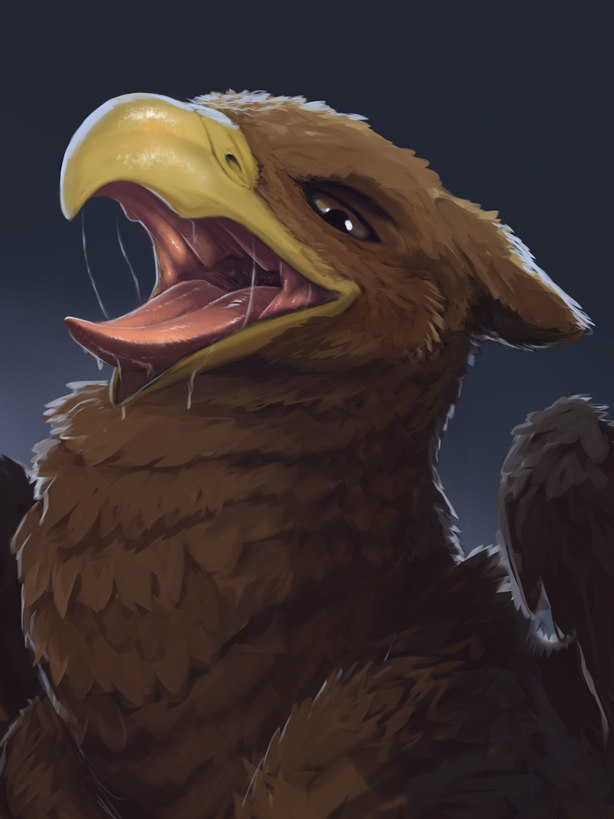ambiguous_gender avian beak drooling feathers feral gryphon happy mawshot nude open_mouth saliva smile solo sprout squint tongue tongue_out wings