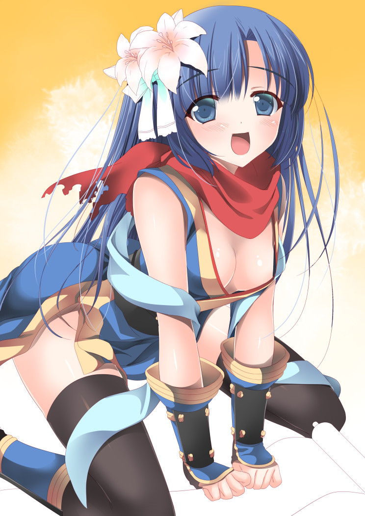 ass black_legwear blue_eyes blue_hair blush breasts cleavage commentary_request eyebrows_visible_through_hair flower hair_flower hair_ornament japanese_clothes large_breasts long_hair maru_(sasayama_chikage) ninja ninja_(ragnarok_online) open_mouth ragnarok_online scarf sleeveless solo thighhighs