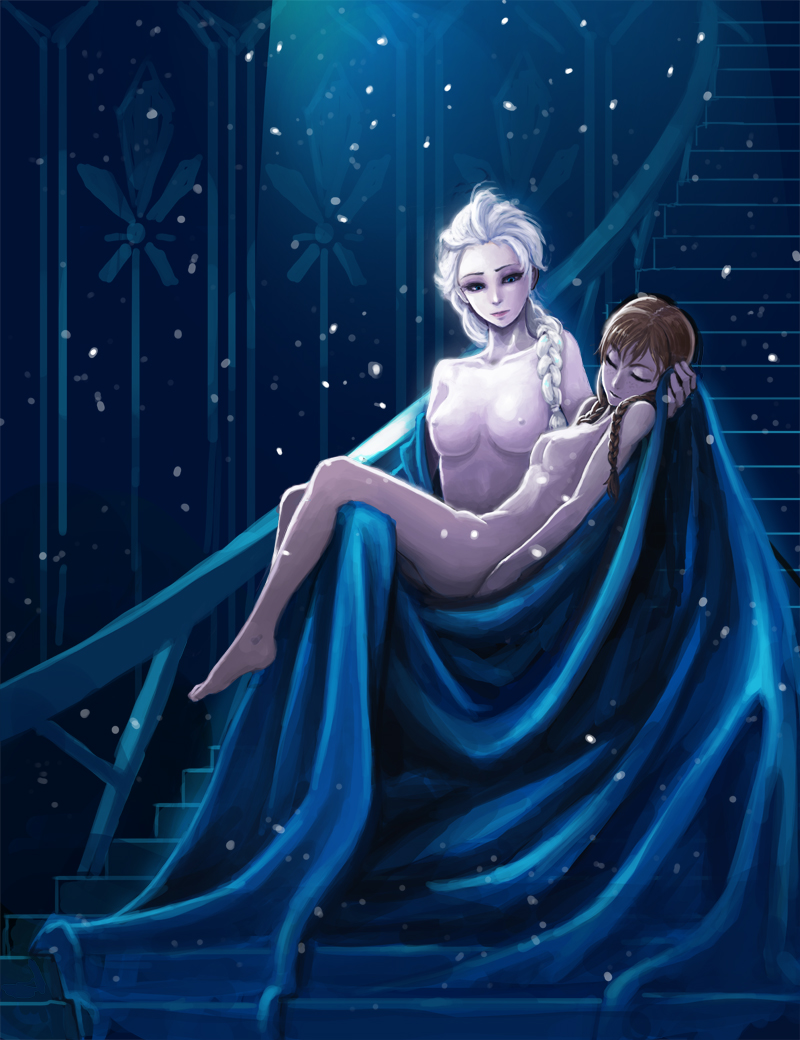 anna_(frozen) braid breasts carrying closed_eyes elsa_(frozen) frozen_(disney) kimbbq long_hair medium_breasts multiple_girls nude parody princess princess_carry queen siblings single_braid sisters small_breasts snowflakes stairs